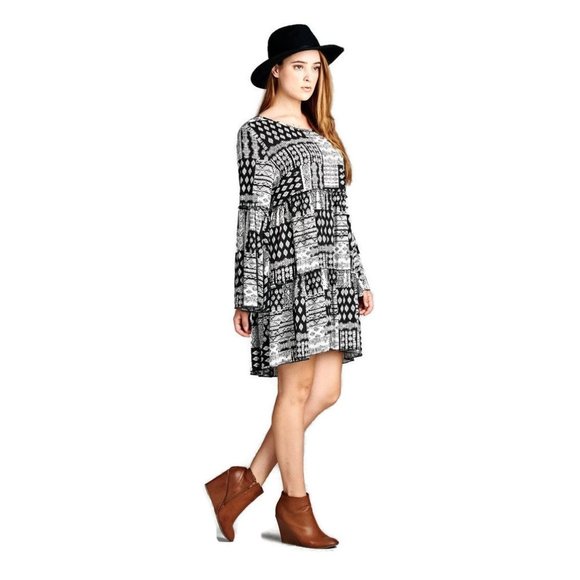 Velzera Multi-Pattern Bell Sleeve Dress, Black - Picture 3 of 4